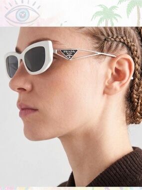 Prada White Cat-Eye Sunglasses with Silver Logo Temples